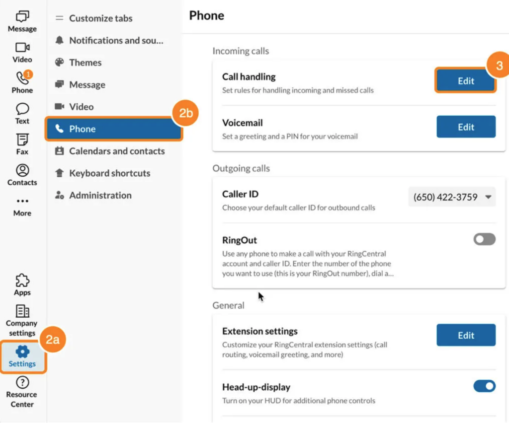 RingCentral VoIP settings page with options for incoming and outgoing call preferences.