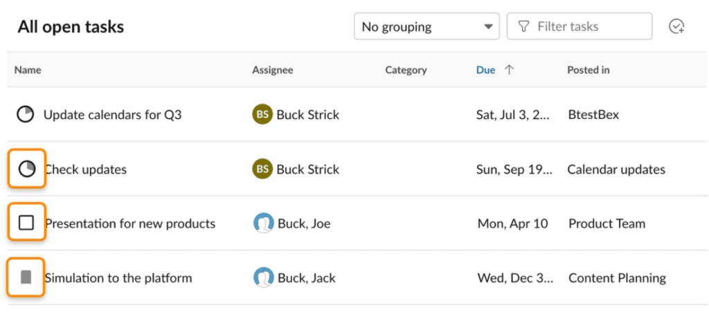 RingCentral task manager with a list organizing assignees, due dates, and task names.