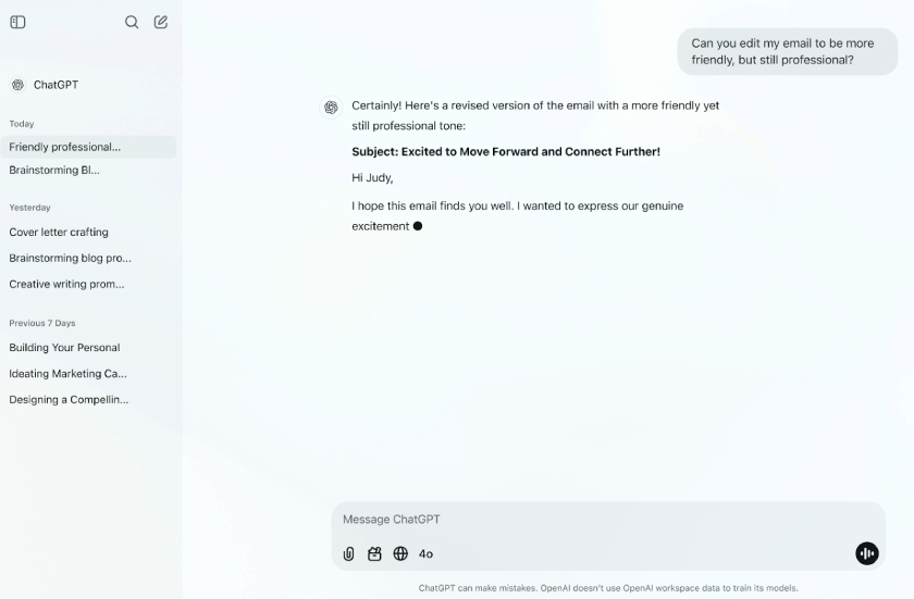 ChatGPT app interface with conversation history on the left and a revised email draft generated in the main chat window.