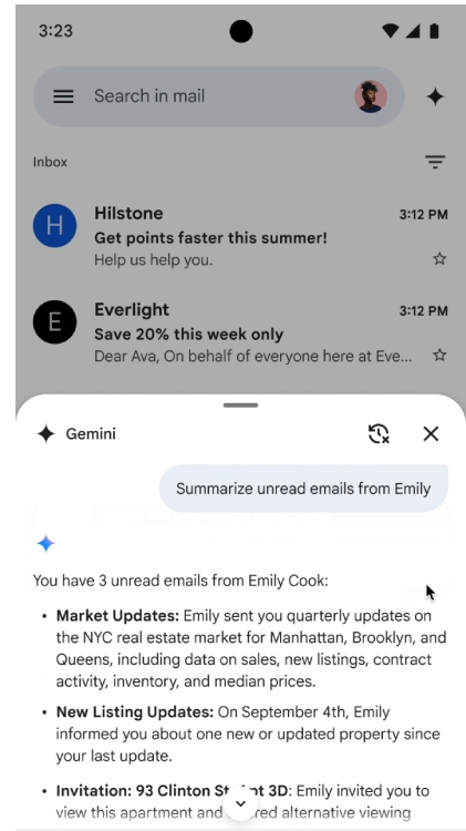 Gmail inbox with Gemini AI summarizing three unread emails from a sender.