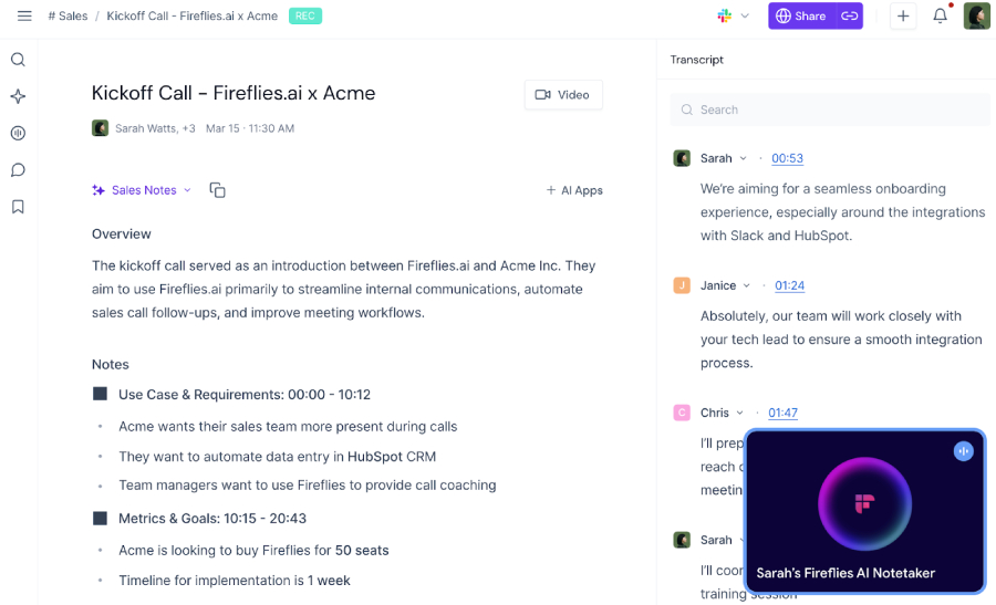 Otter.ai dashboard showing meeting notes, transcript, and highlighted speaker comments.