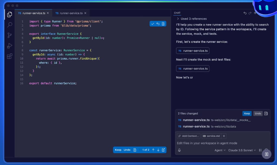 VS Code environment with GitHub Copilot suggesting and generating TypeScript code and files.