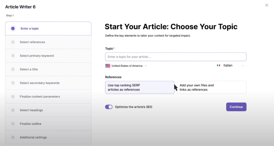 Writesonic AI Article Writer 6 with a step-by-step content creation workflow for generating SEO articles.
