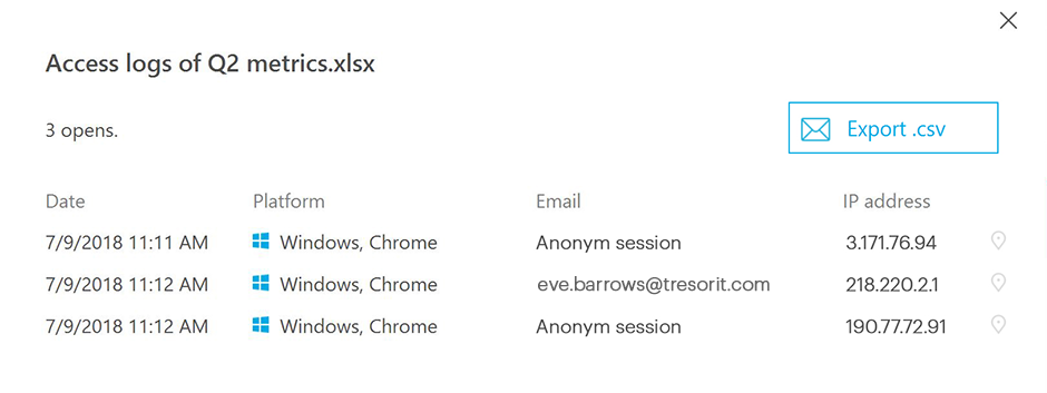 Tresorit access logs from a shared file link with downloadable data.