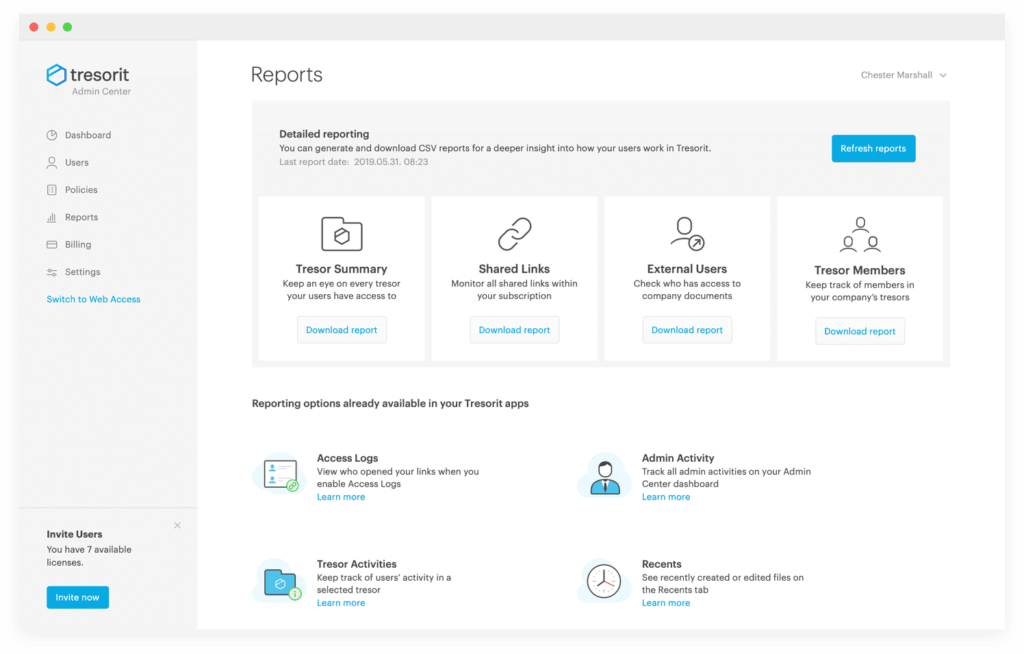 Tresorit reporting dashboard with admin controls and activity monitoring.