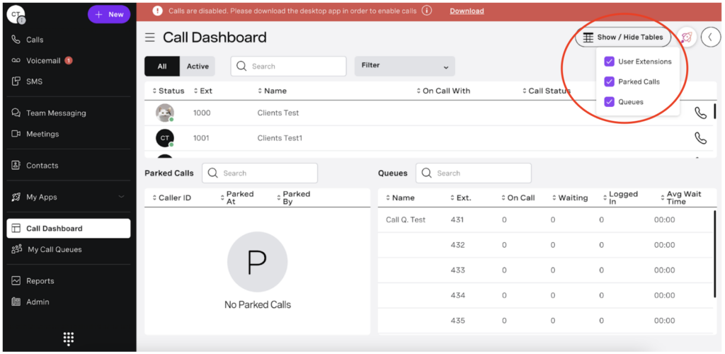Vonage call dashboard featuring user extensions and call queue data.