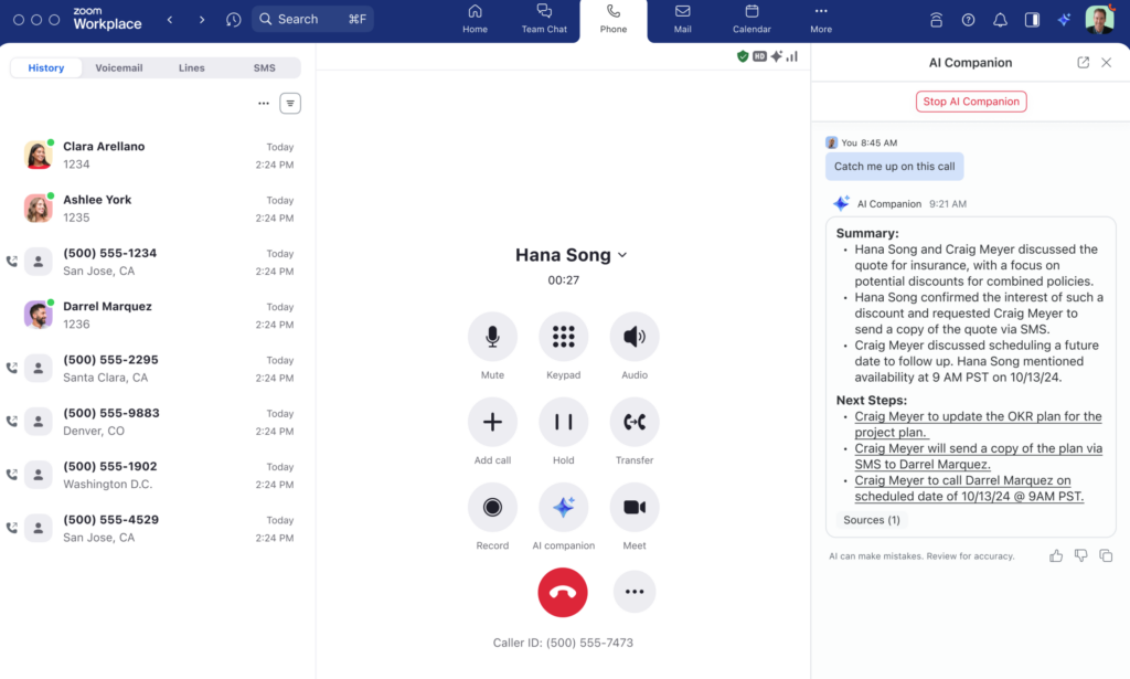 Zoom Phone desktop screen showing an active call, control buttons, and AI summary panel.