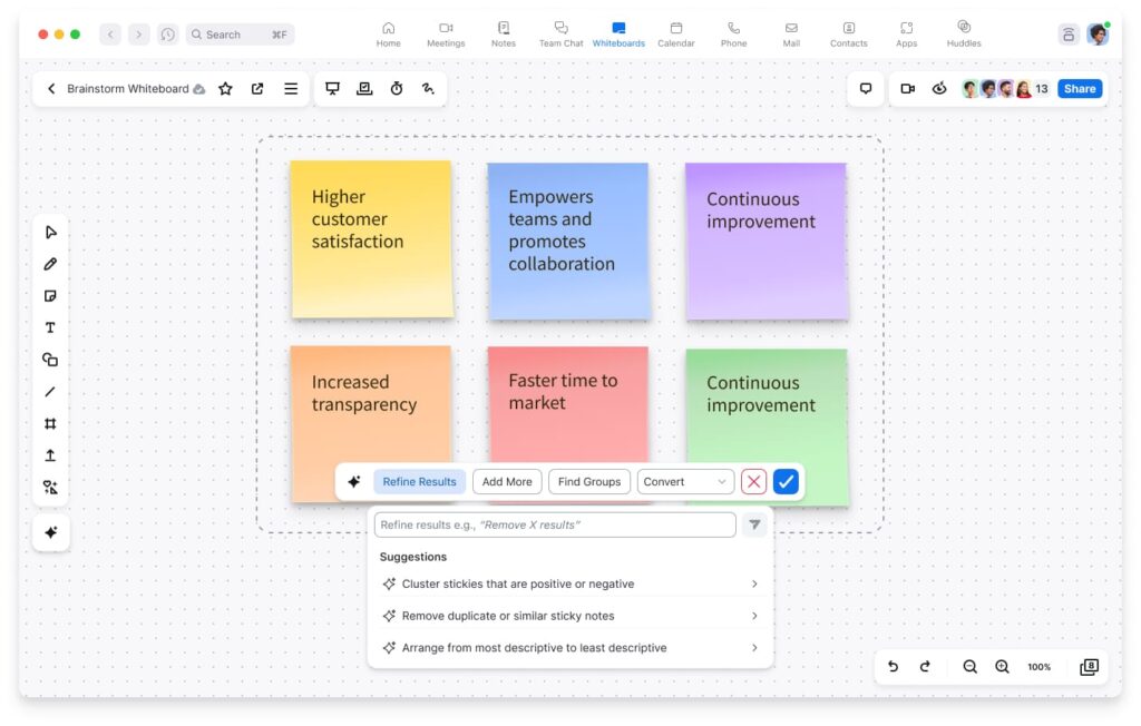 Zoom brainstorm whiteboard with digital stickers and AI companion suggestions.