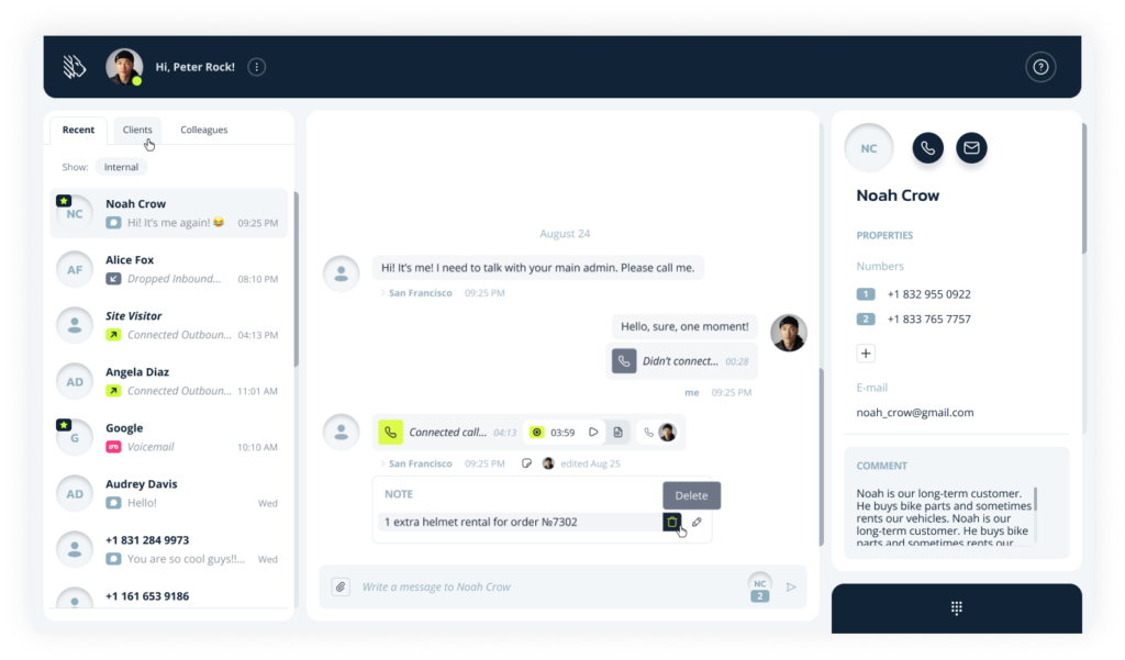 MightyCall agent dashboard with customer notes and comments.