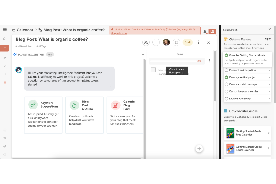 CoSchedule's AI content assistant drafting a blog post.