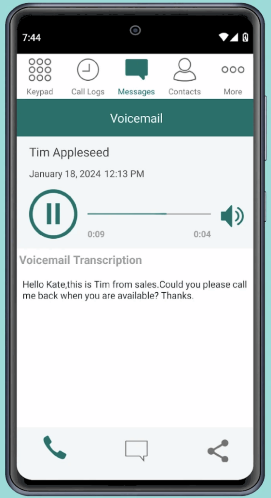 eVoice app screen showing voicemail message with audio controls and transcription text.