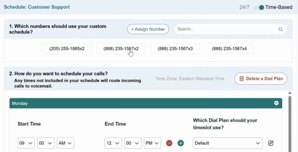 eVoice dial plan scheduling screen showing time-based call routing setup with assigned numbers.