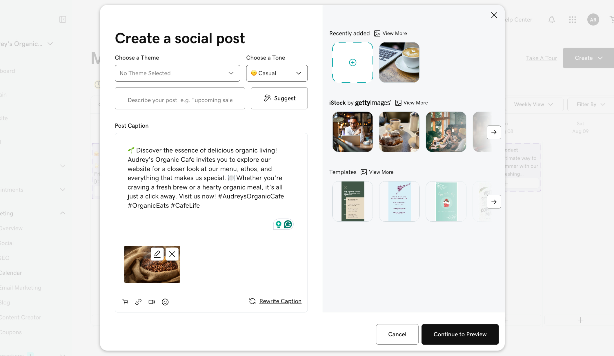 GoDaddy's social media content editor with templates and stock photos.
