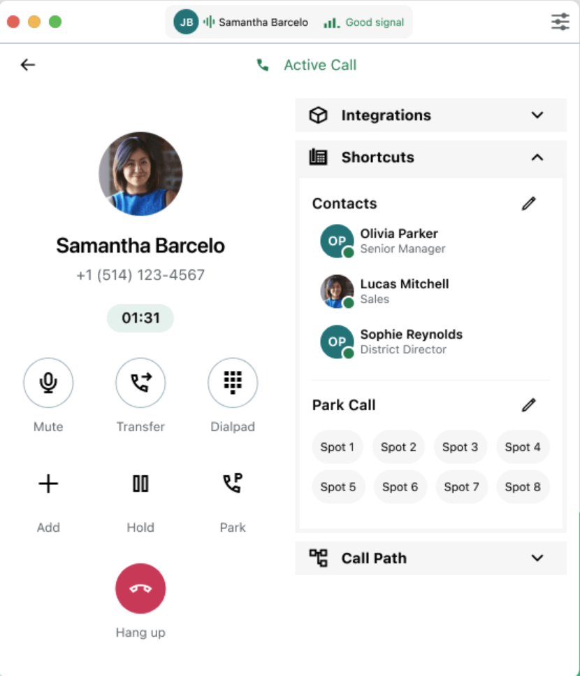 GoTo Connect active call screen with transfer, mute, hold, contact shortcuts, and park call options.