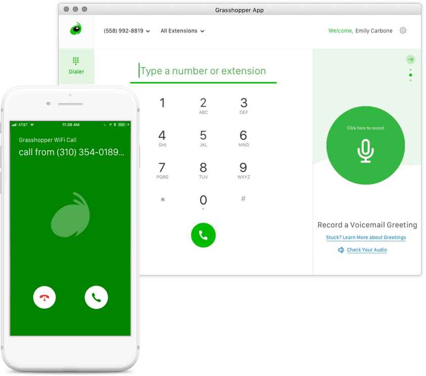 Grasshopper mobile incoming call screen and desktop dialer with voicemail greeting recording options.