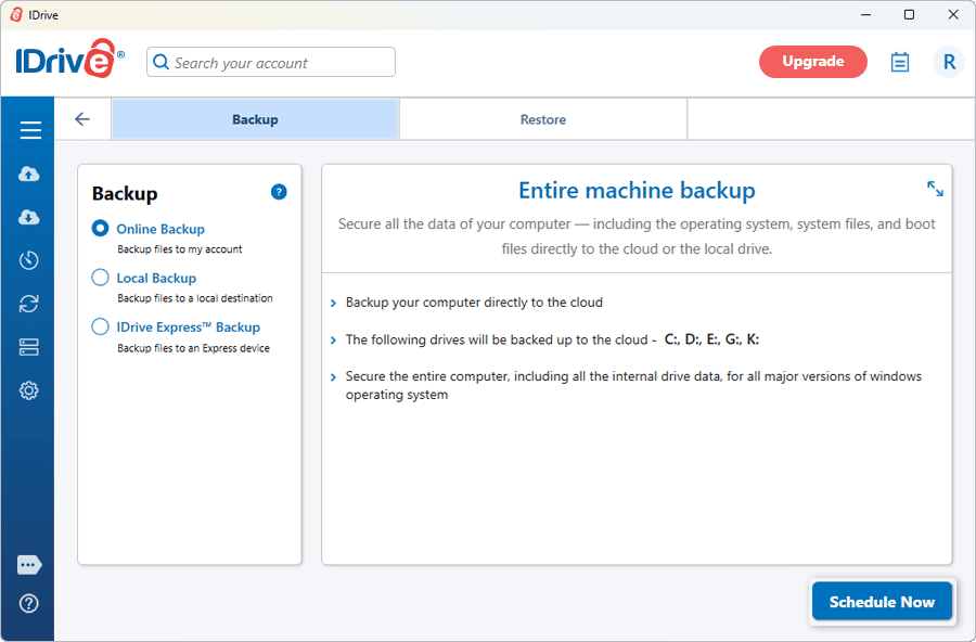 iDrive online backup dashboard with settings to schedule a full machine backup.
