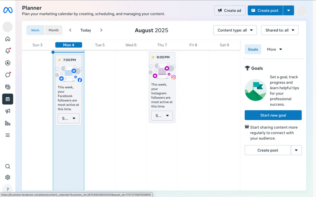 Meta Business Suite's scheduling calendar for Facebook and Instagram.