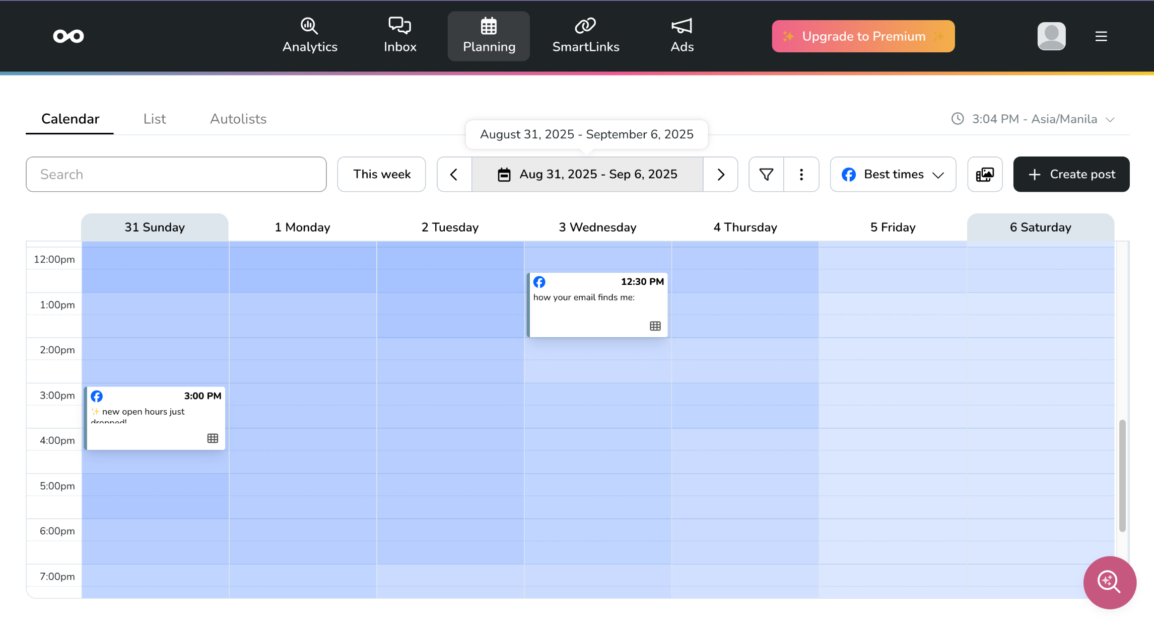 Metricool's social media calendar.