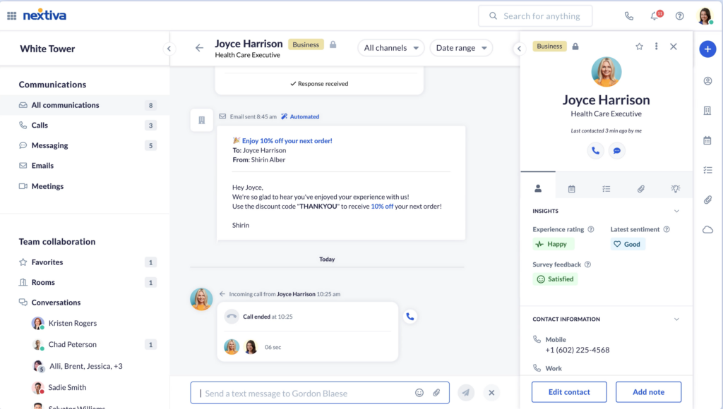 Nextiva dashboard displaying customer communication details, sentiment, and recent call activity.