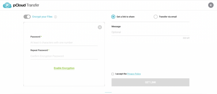 pCloud transfer screen with options to encrypt files, share a link, or transfer via email.