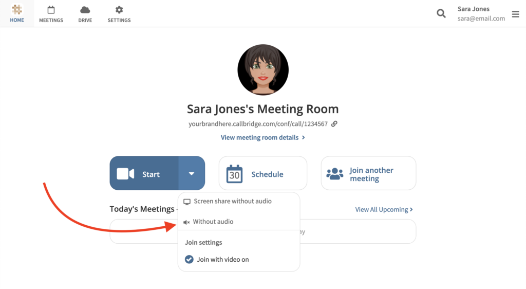 Phone.com meeting room dashboard with meeting controls, join settings, and scheduling options.