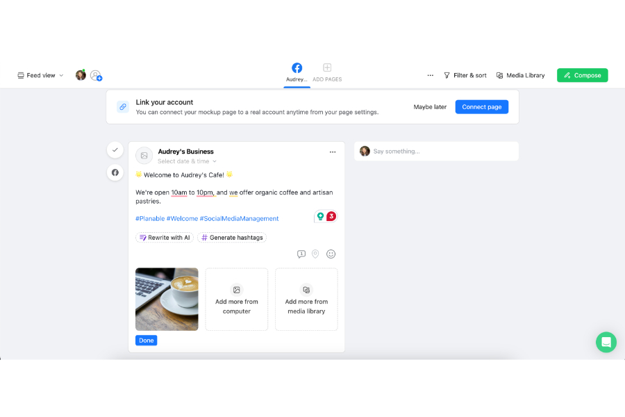Planable showing a live mockup of a Facebook post before publishing.