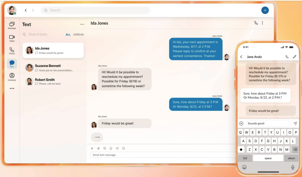 RingCentral desktop and mobile interface showing a synced text conversation about rescheduling an appointment.
