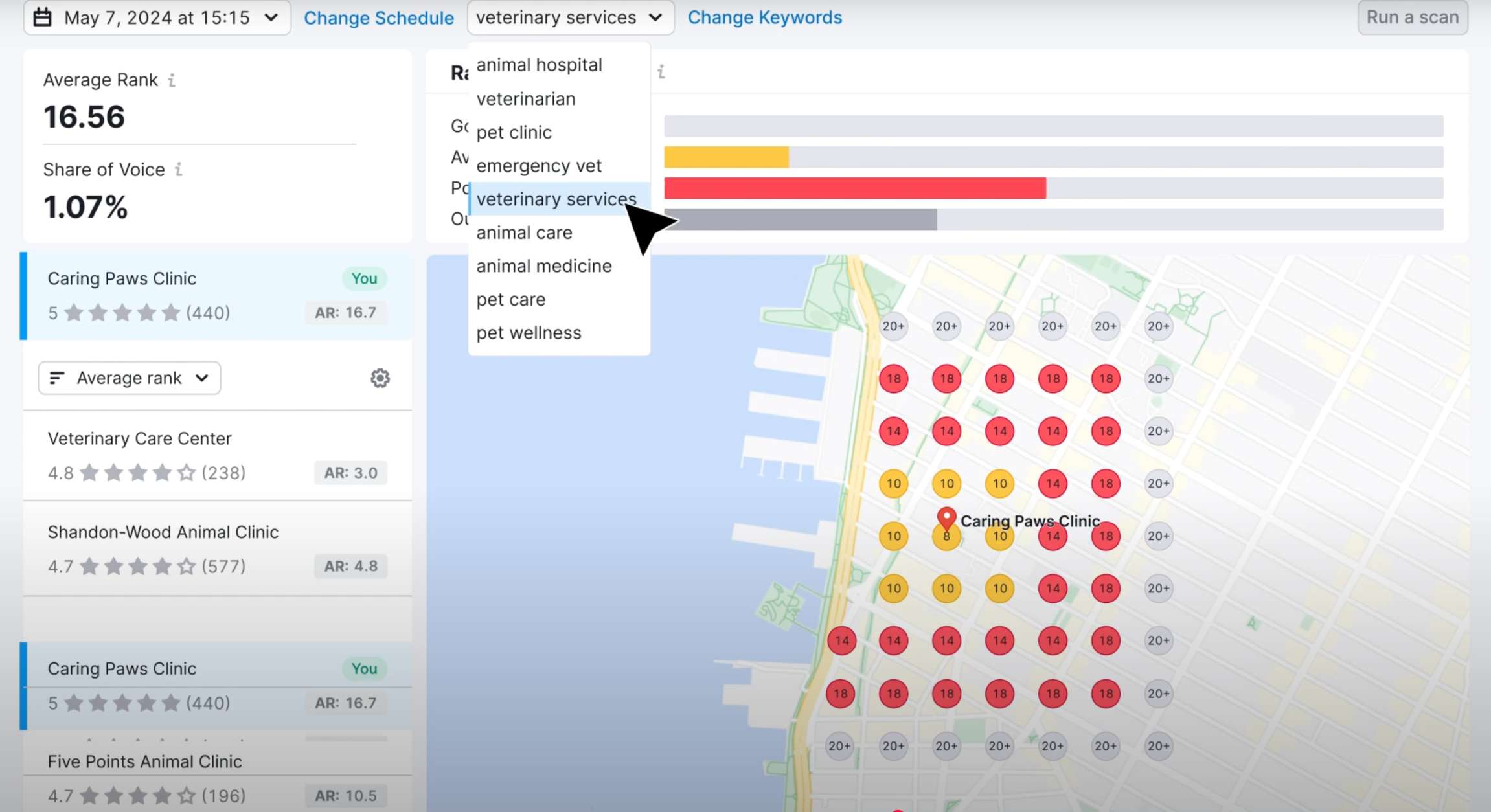 Semrush's local SEO tool showing the listings of various local businesses.