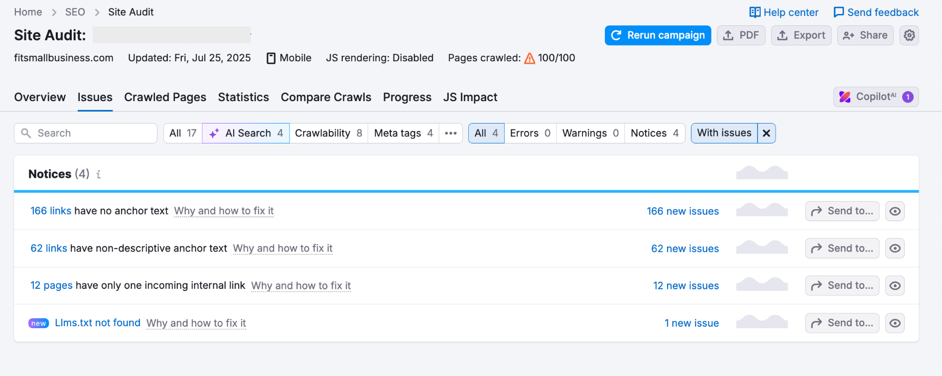 Suggestions from Semrush to improve a website following its site audit.