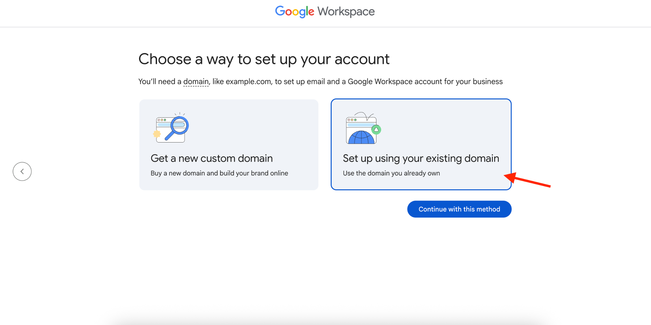 Google Workspace's setup screen with the option to set up an existing domain.