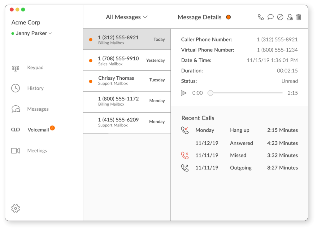 Talkroute voicemail interface showing message details and a sidebar with call and voicemail history