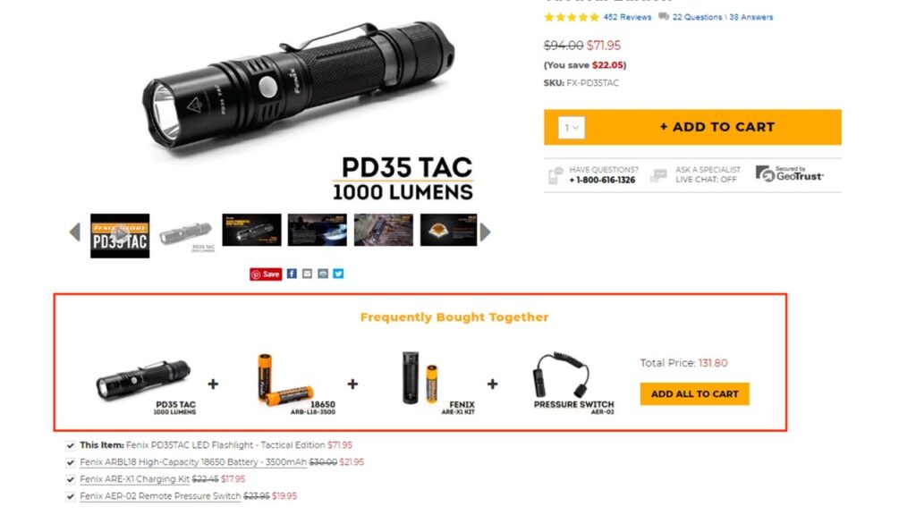 Ecommerce product recommendation Product page for the Fenix PD35 TAC 1000 lumens LED flashlight, priced at $71.95 with a discount from $94.00. A 'Frequently Bought Together' section below suggests adding a high-capacity 18650 battery, Fenix charging kit, and remote pressure switch, totaling $131.80, with an 'Add All to Cart' button.