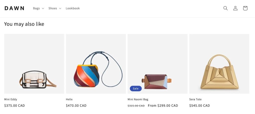 Shopify Dawn theme You May Also Like product recommendation widget block