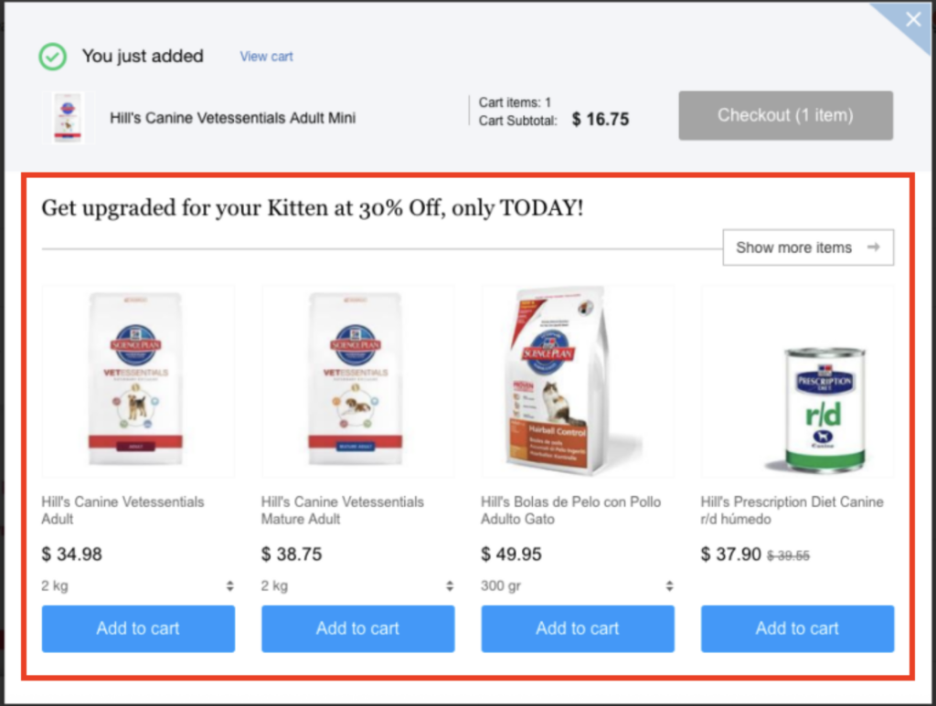 Ecommerce product information Cart confirmation popup showing Hill’s Canine Vetessentials Adult Mini added for $16.75. Below, a promotional section offers a 30% discount on kitten upgrades for a limited time, with four recommended products including Hill’s Canine Vetessentials Adult, Mature Adult, Hairball Control cat food, and Prescription Diet Canine food. Each product has a price and 'Add to cart' button.
