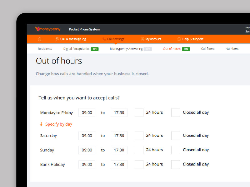 Moneypenny's out of hours configuration from the dashboard.