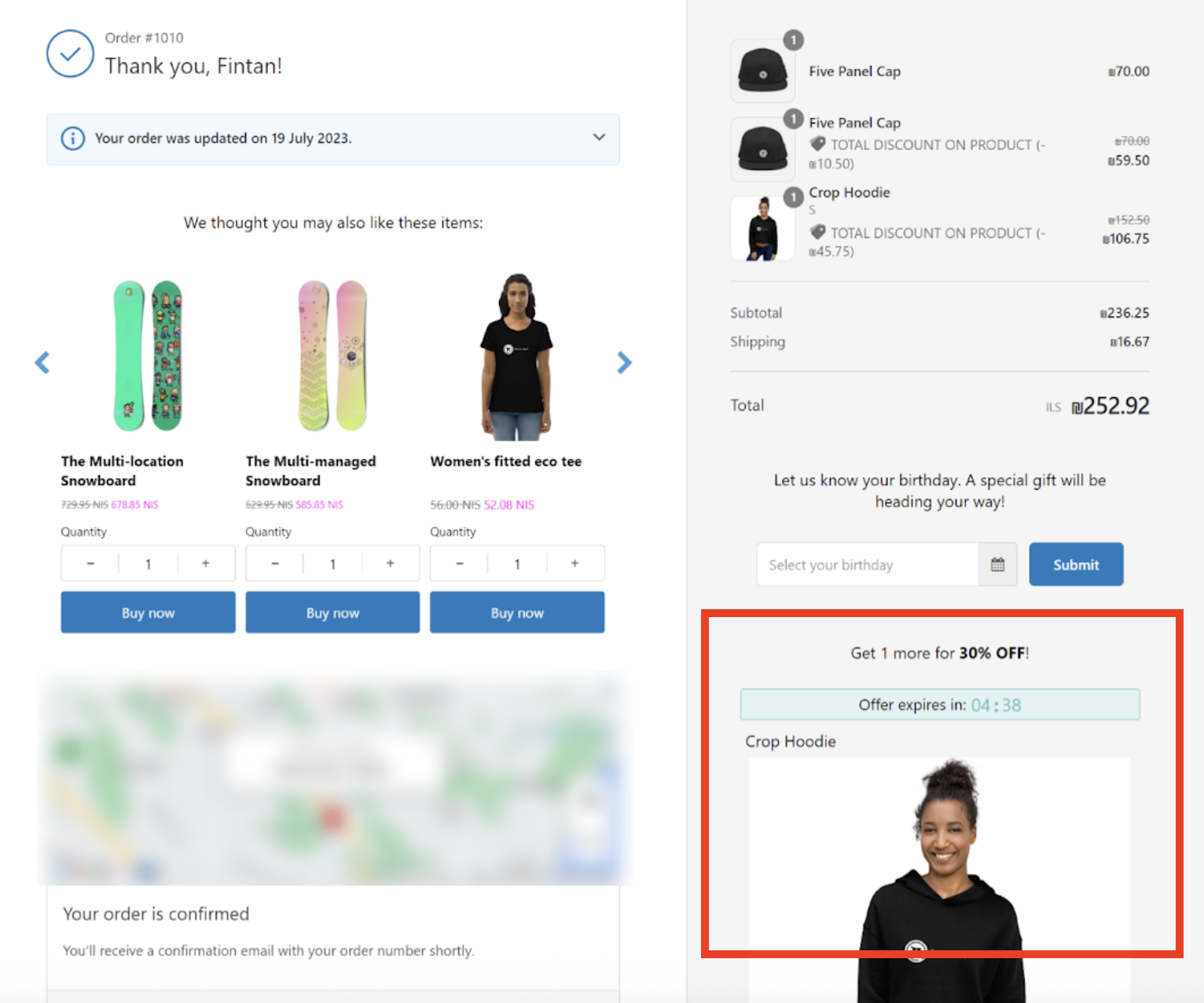 Ecommerce product recommendation post-purchase order confirmation screen
