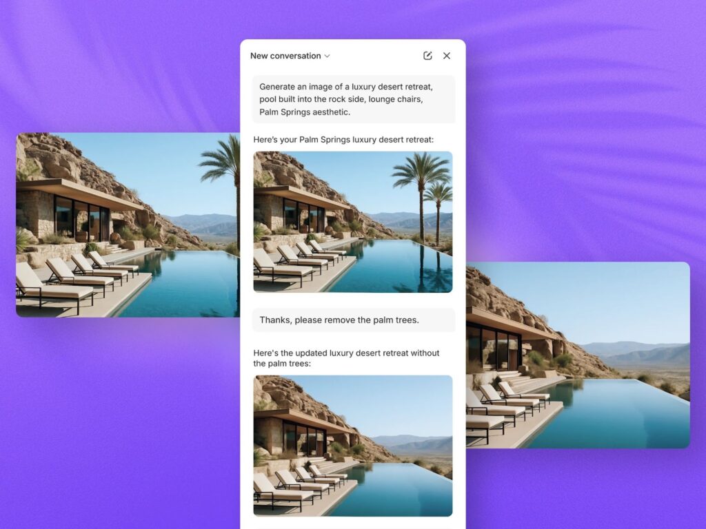 Shopify AI Sidekick — AI image editing interface showing a generated Palm Springs-style luxury desert retreat with a pool and lounge chairs, followed by an updated version with palm trees removed
