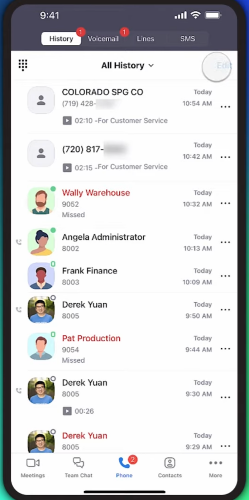 Zoom Phone mobile call history screen showing incoming, outgoing, missed calls, and voicemail previews.