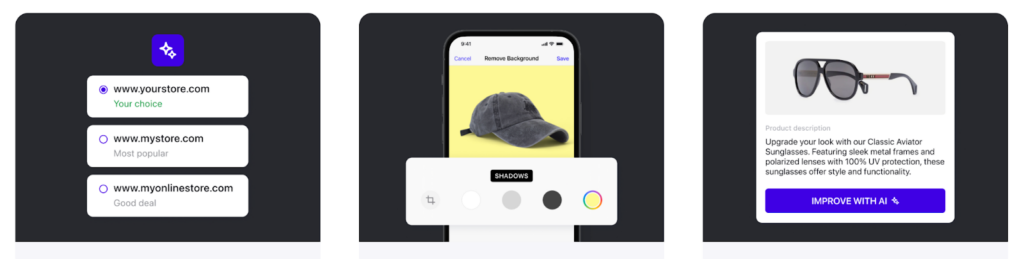 Ecwid AI tools: domain name selection interface, mobile screen editing a product photo of a cap, and AI-generated product description for sunglasses