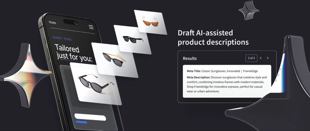 BigCommerce AI tool drafting product descriptions for sunglasses, with a mobile screen displaying eyewear options and a results panel featuring a meta title and meta description.