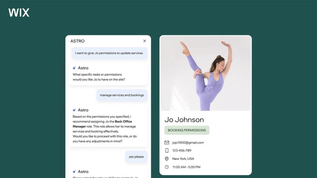 Wix AI interface showing a chat with Astro setting booking permissions for user Jo Johnson, alongside Jo’s profile card with contact details and a photo of her performing a dance pose in a lavender outfit.