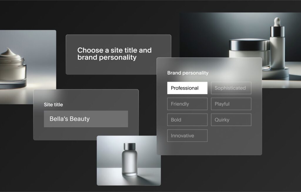 Squarespace Blueprint AI interface showing beauty product images alongside options to choose a site title, 'Bella’s Beauty,' and select a brand personality with 'Professional' highlighted
