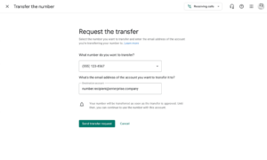 Google Voice phone number transfer form.