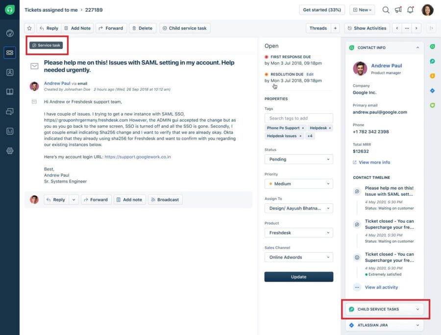 Freshdesk customer request with option to send a field service request in response.