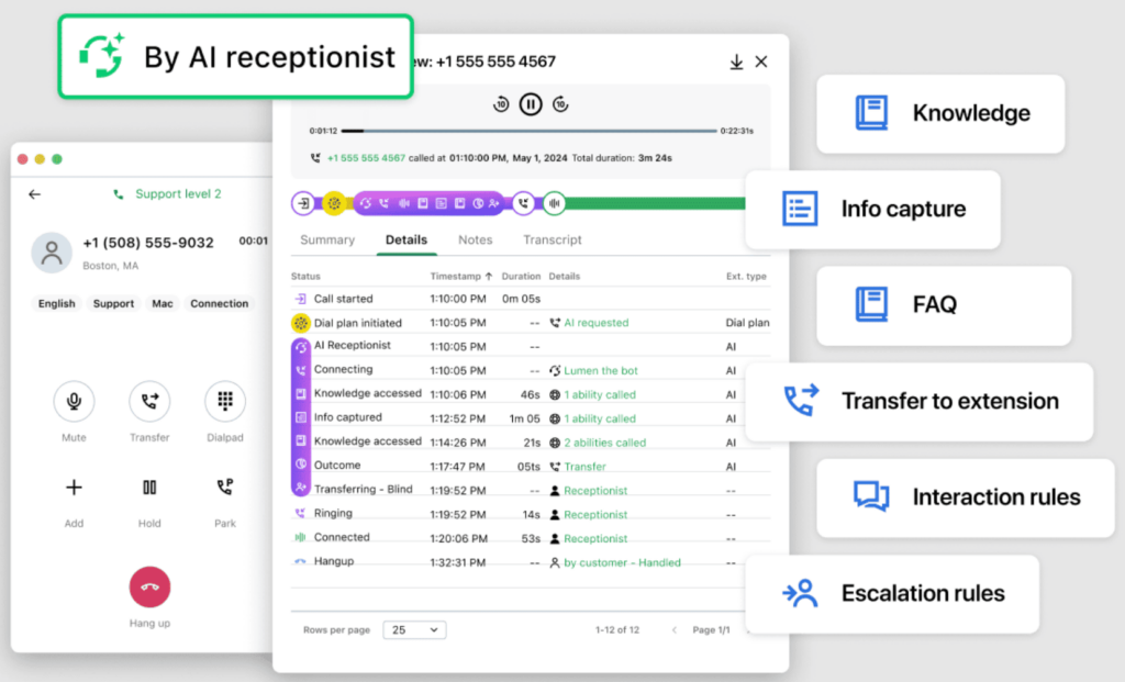 no-social-img Screenshot of GoTo Connect interface showing an AI receptionist workflow with captured knowledge, call details, and options for FAQ, info capture, and escalation rules.