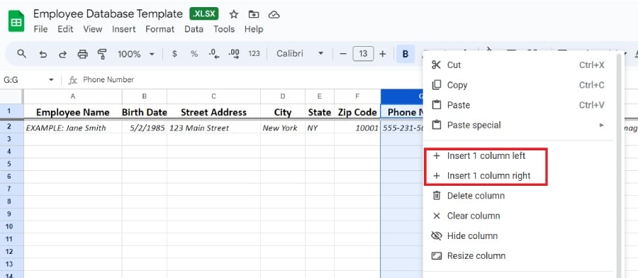 Inserting a column in google sheets