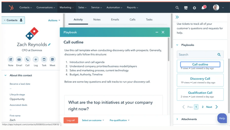 HubSpot agent playbook with call outline for interacting with customers.