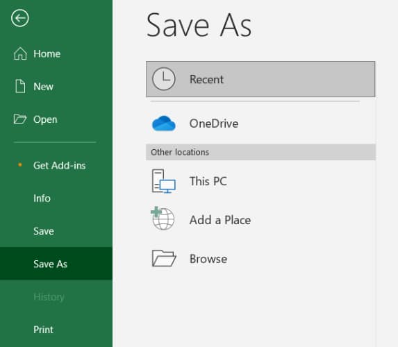 Save as navigation in excel