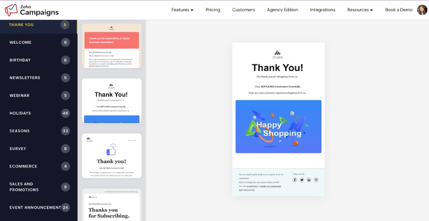 A template for a "thank you" email from Zoho Campaigns.