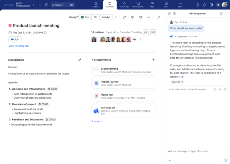 no-social-img Screenshot of Zoom meeting interface with agenda, shared attachments, and AI Companion generating a detailed summary of meeting decisions.